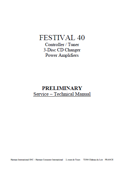 Harman Kardon FESTIVAL 40 Power Amplifiers Preliminary technical Service Manual