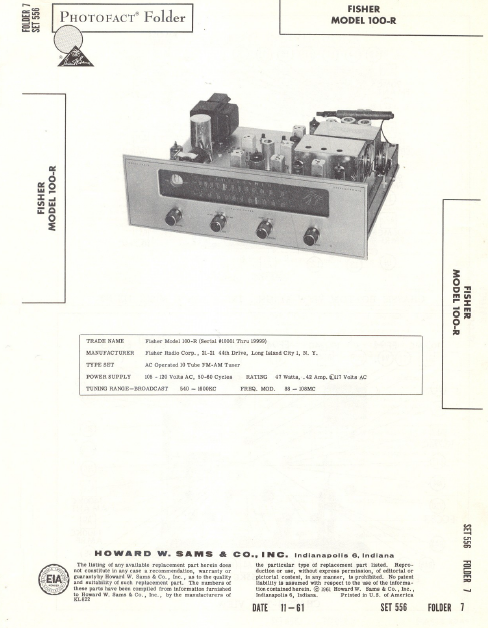 FISHER Model 100-R Photofact Folder 7 Operation Manual