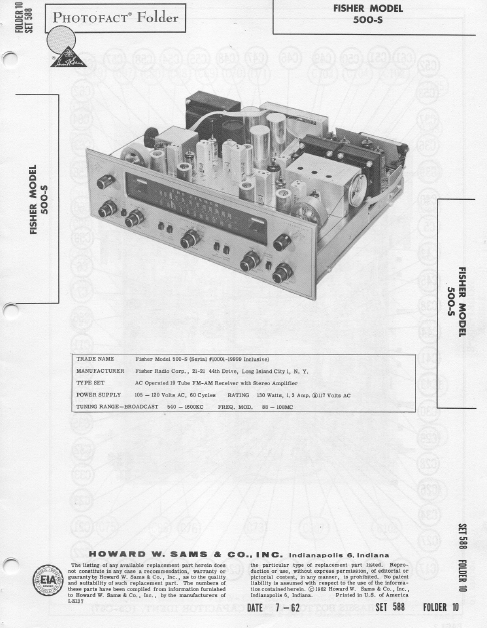 FISHER Model 500-S Photofact Folder 10 Operation Manual