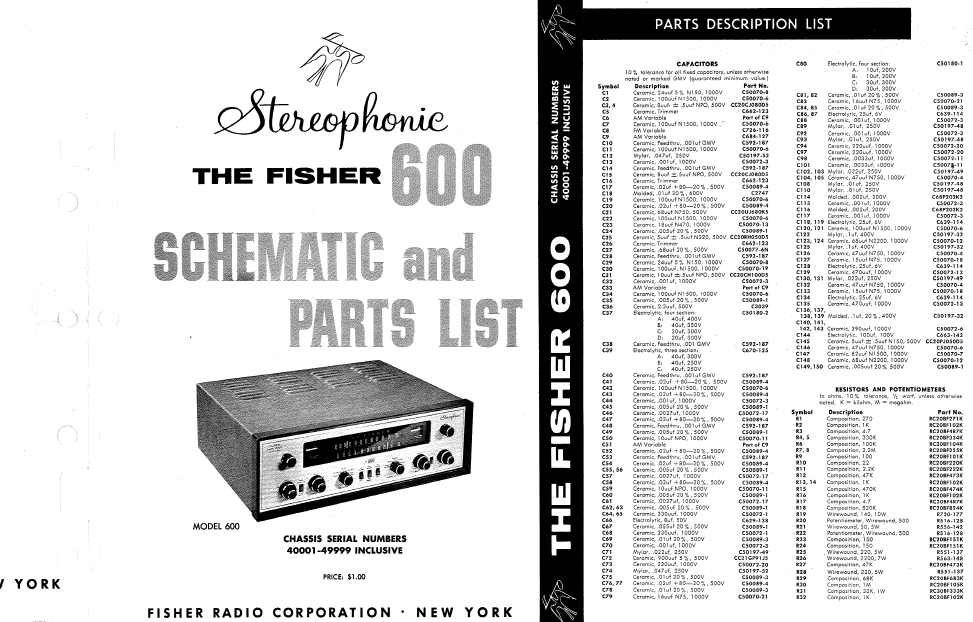 FISHER 600 Stereophonic Schematic and Parts List