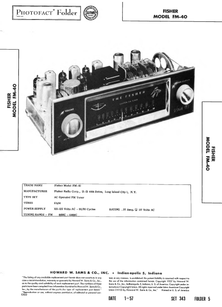 FISHER Model FM-40 Photofact Folder 5 Operation Manual