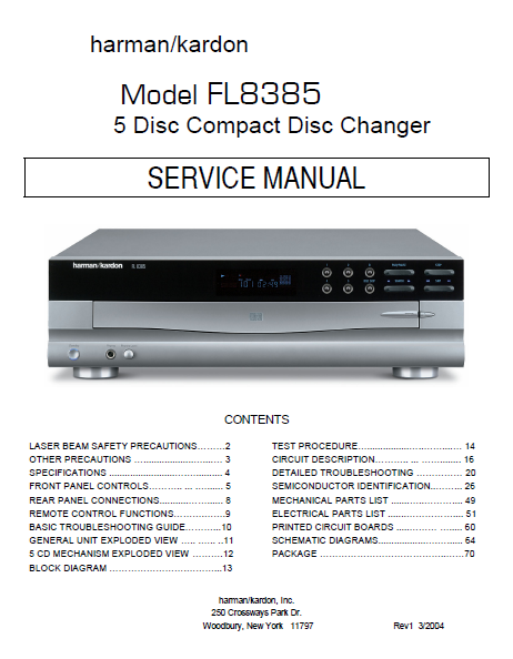 Harman Kardon Model FL8385 5Disc Compact Disc Changer Service Manual