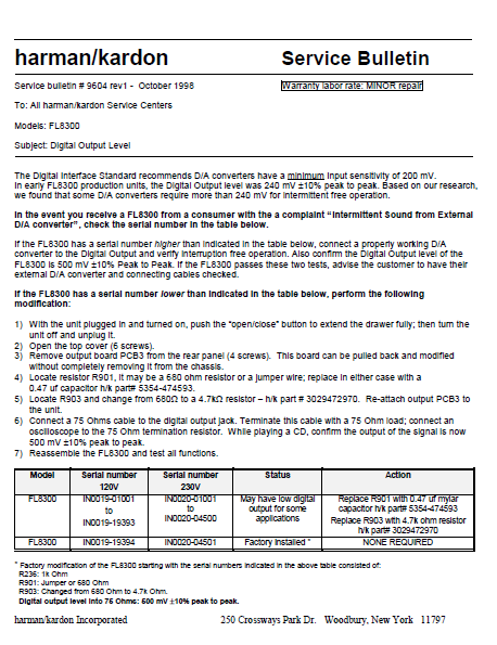 Harman Kardon Model FL8300 9604 rev1 Service Bulletin