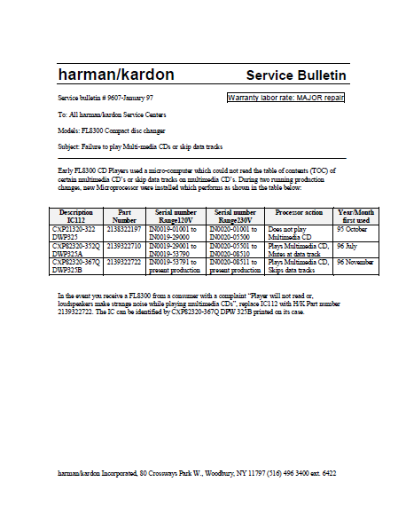 Harman Kardon Model FL8300 Compact Disc Changer 9607 Service Bulletin