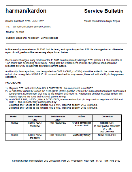 Harman Kardon Model FL8300 9703 Service Bulletin