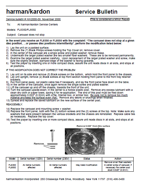 Harman Kardon Model FL8350-FL8550 HK2000-09 Service Bulletin