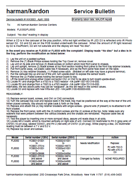 Harman Kardon Model FL8350-FL8550 9901 Service Bulletin