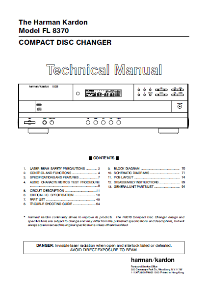 Harman Kardon Model FL8370 Compact Disc Changer Technical Service Manual