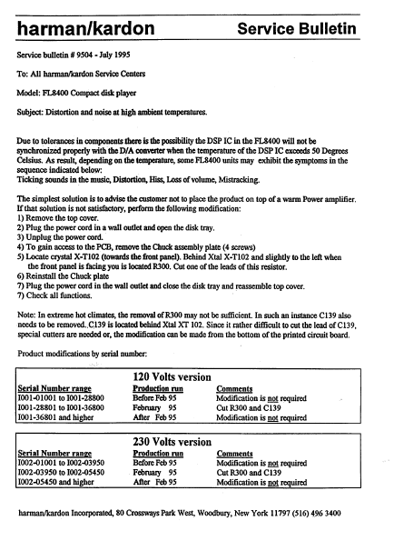 Harman Kardon Model FL8400 Compact Disk Player Service Bulletin