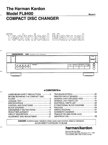 Harman Kardon Model FL8400 Compact Disc Changer Technical Service Manual