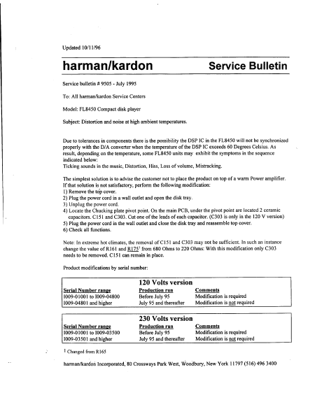 Harman Kardon Model FL8450 Compact Disc Player Service Bulletin