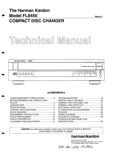 Harman Kardon Model FL8450 Compact Disc Changer Technical Service Manual