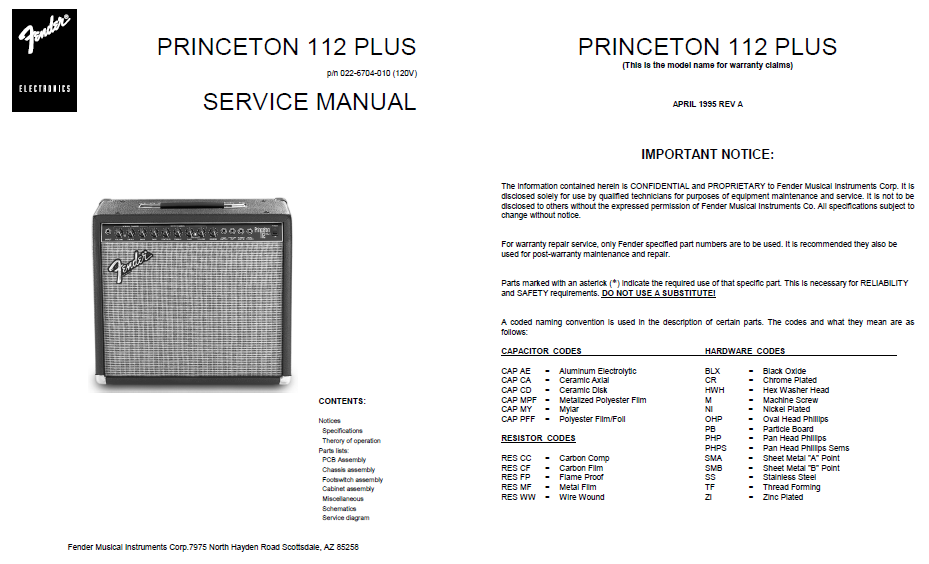Fender Princeton 112 Plus Service Manual