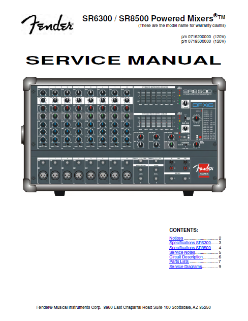 FENDER Sr6300 Powered Mixers Service Manual