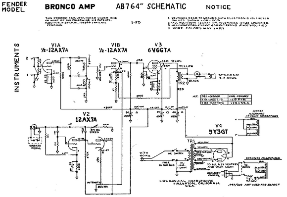 FENDER Bronco AMP AB764 Schematic