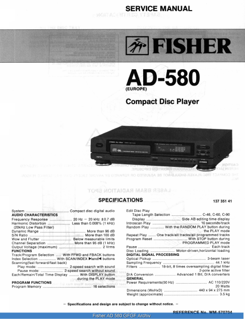FISHER AD-580 CD Player Schematics – Electronic Service Manuals