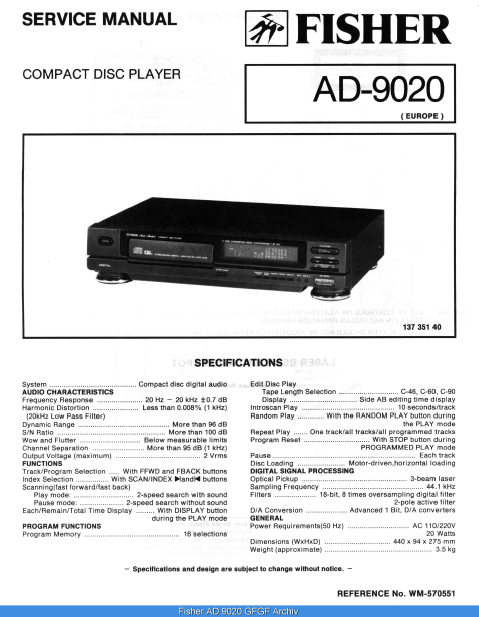 FISHER AD-9020 CD Player Schematics