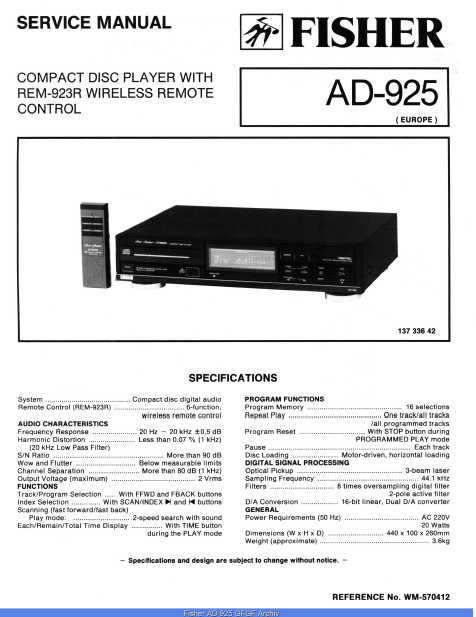 FISHER AD-925 CD Player with Wireless Remote Schematics