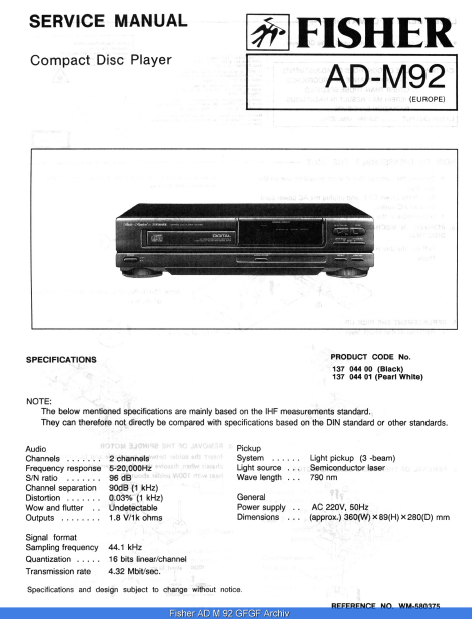FISHER AD-M92 CD Player Schematics