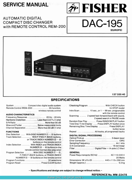 FISHER Model DAC-915 Automatic Digital CD Charger Schematics