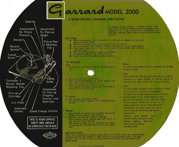 GARRARD Model-2000 4 Speed Record Changer and Player Service Manual