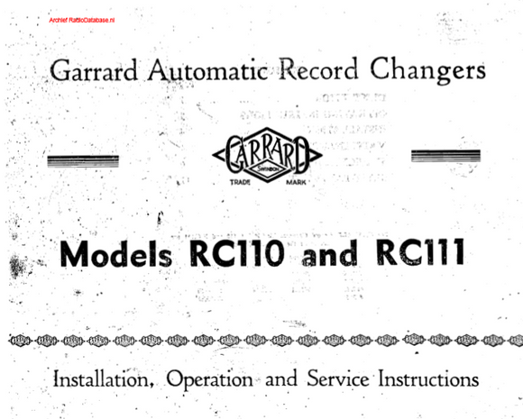 GARRARD Models RC110-RC111 Automatic Record Changer Operation Manual