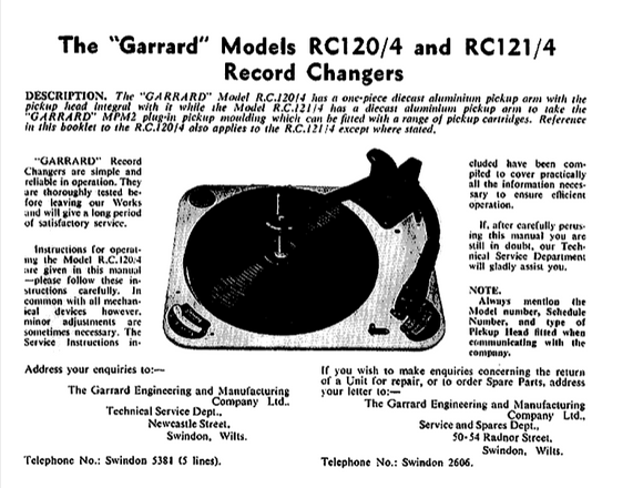 GARRARD Models RC120/4-RC121/4 Record Changer Operation Manual