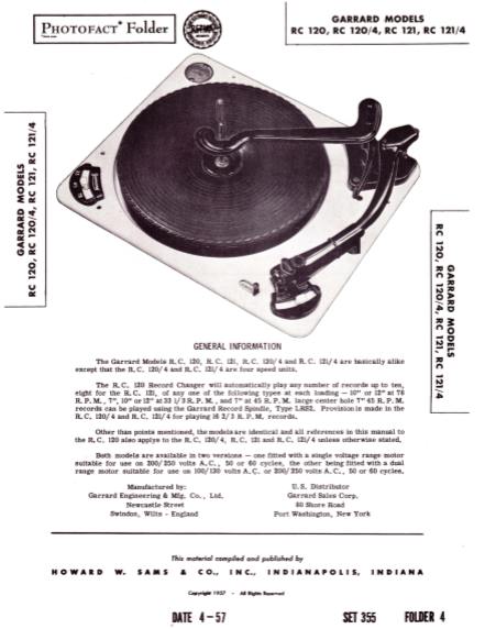 GARRARD Models RC 120-120/4 Operation Manual