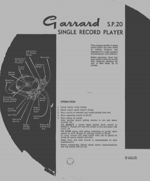GARRARD SP 20 Single Record Player Operation Manual