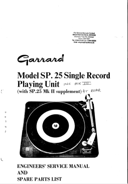 GARRARD Model SP 25 Single Record Playing Unit Service Manual