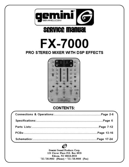 GEMINI Model FX-7000 Pro Stereo Mixer with DSP Effects Service Manual