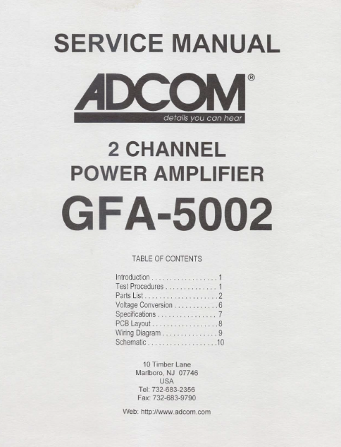 ADCOM GFA-5002 2Channel Power Amp Service Manual
