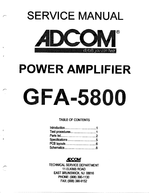 ADCOM GFA-5800 Power Amplifier Service Manual