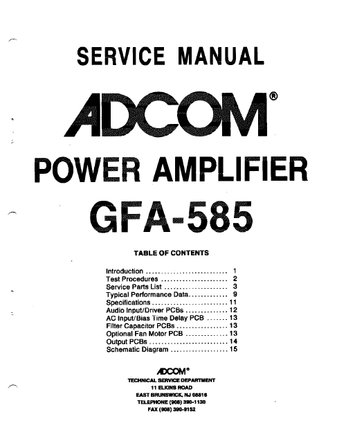ADCOM GFA-585 Power Amplifier Service Manual