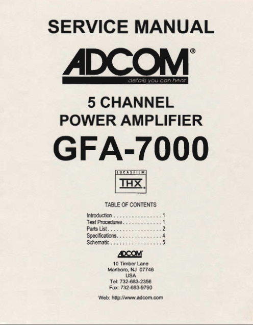 ADCOM GFA-7000 5 Channels Power Amp Service Manual
