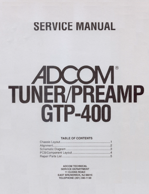 ADCOM GTP-400 Tuner PreAmp Service Manual