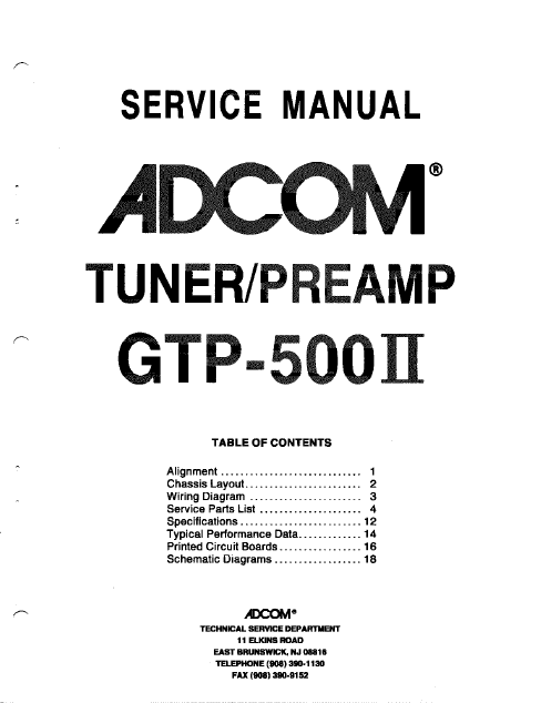 ADCOM GTP-500II Tuner PreAmp Service Manual