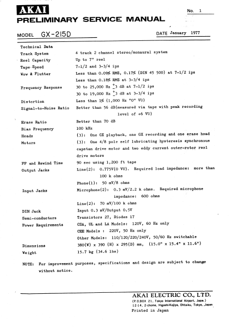 AKAI Model GX-215D PRELIMINARY Service Manual
