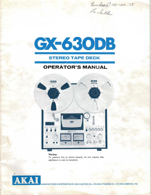 AKAI GX-630DB Stereo Tape Deck Operator's Manual