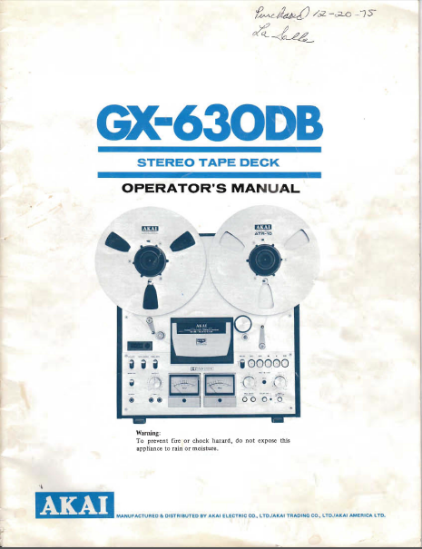 AKAI GX-630DB Stereo Tape Deck Operator'sManual