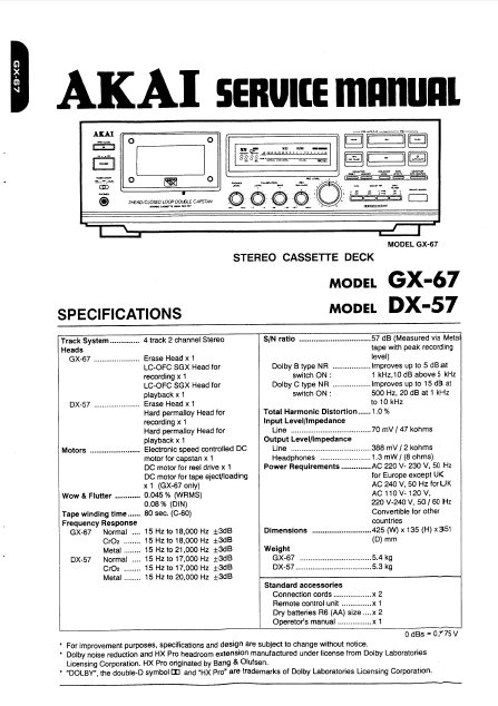 AKAI GX 67-57 Stereo Cassette Deck Service Manual