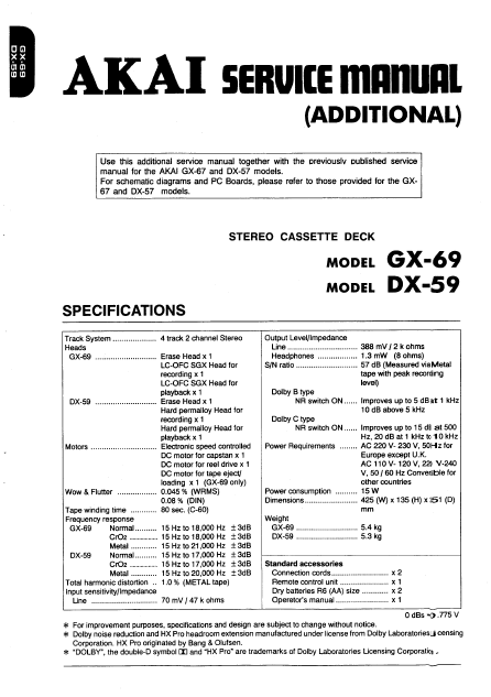 AKAI GX 69-59 Stereo Cassette Deck Additional Service Manual