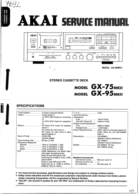 AKAI GX 75-95MKII Stereo Cassette Deck Schematics