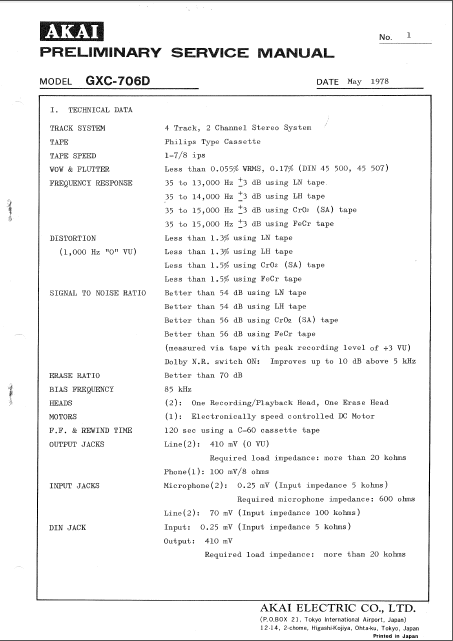 AKAI GXC-706D  Preliminary Electric Service Manual