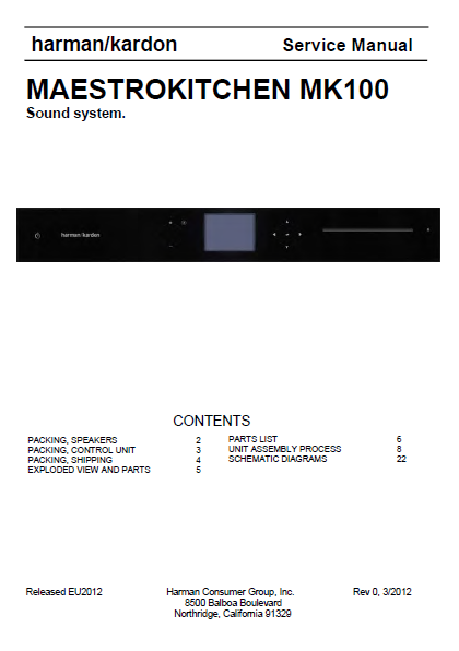 Harman Kardon MAESTROKITCHEN MK100 Service Manual