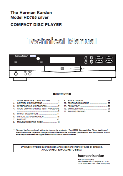 Harman Kardon Model HD755 silver Compact Disc Player Technical Service Manual