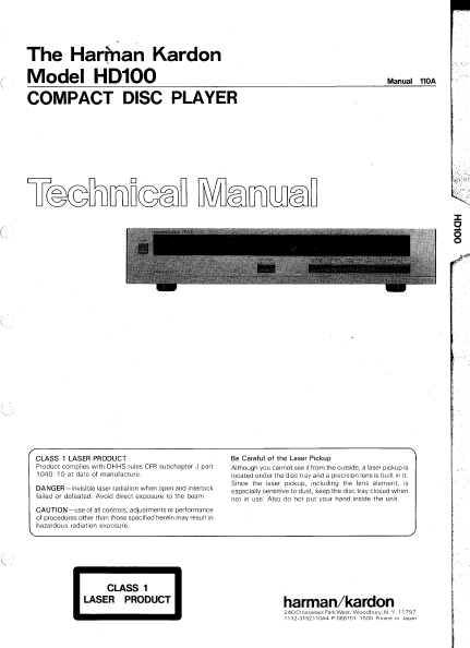 Harman Kardon Model HD100 Compact Disc Player Technical Service Manual