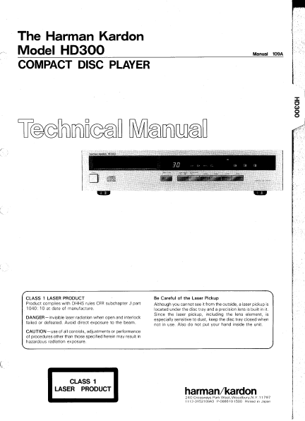 Harman Kardon Model HD300 Compact Disc Player Technical Service Manual