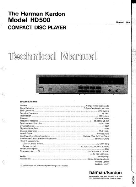Harman Kardon Model HD500 Compact Disc Player Technical Service Manual