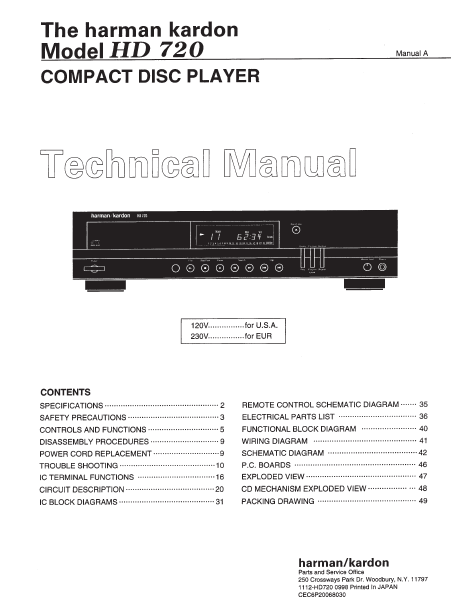 Harman Kardon Model HD 720 Compact Disc Player Technical Service Manual